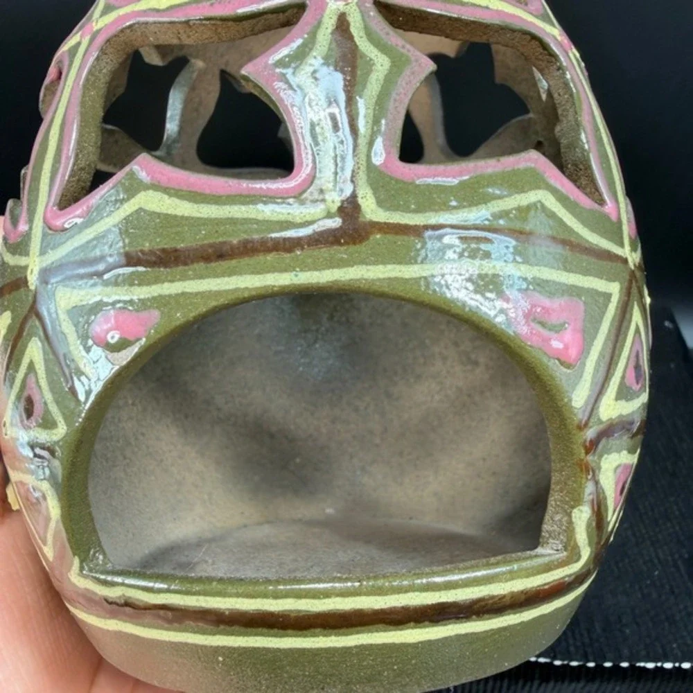Handmade Ceramic Egg Lantern Tea‎ Light Holder Geometric Cutout Pink Green 6